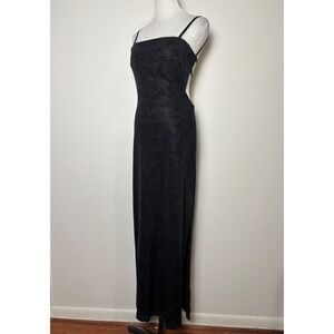 Steppin' Out VTG Black Semi-Sheer Maxi Dress M Gothic Strappy Body Con Shimmer